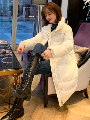 Small fragrant tweed stitching 90 white duck down mid-length down jacket women 2020 European station spring new jacket k
